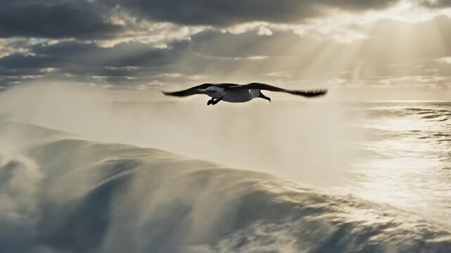 Seabird flying over ocean wave with dramatic cloudy sky and sunlight rays breaking through clouds creating powerful dynamic natural scene full of motion energy and serene water nature