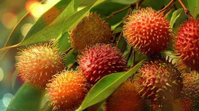 Close Up of Rambutan Fruits Hanging with Green Leaves Against Blurred Background