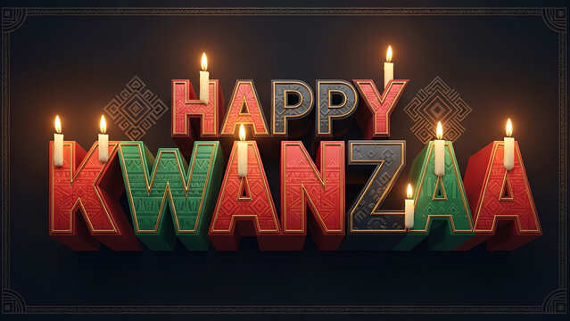 Happy Kwanzaa&rdquo; bold typography, red black green Pan-African color palette, warm glowing candles inspired by the kinara