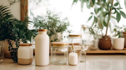 Elegant Glassware Amidst Greenery: An array of artisanal glassware, their surfaces gleaming with purity, is artfully arranged against a backdrop of lush green plants.
