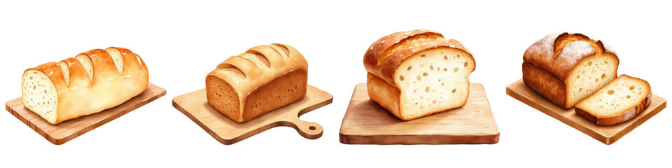 A variety of freshly baked loaves of bread displayed on wooden boards, showcasing different shapes and textures.
