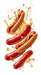 Classic Hot Dogs With Mustard Splash Against White Background Dynamic Motion