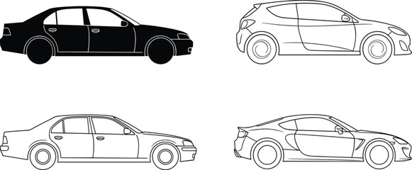 Car silhouette set, sedan and hatchback outlines, sports coupe vector, automobile icons, vehicle profile collection, transport design elements, black vector graphic, minimal illustration © Md