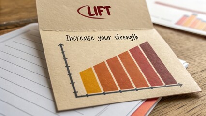 A close-up shot of a motivational card with a bar graph and 'Increase your strength' text on a wooden desk with lined paper.