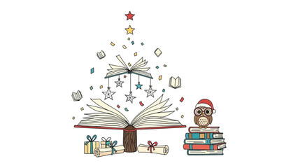 Enchanting Literary Christmas: A whimsical Christmas tree crafted from open books, adorned with festive stars and ornaments. A wise owl in a Santa hat sits atop a stack of literary treasures.