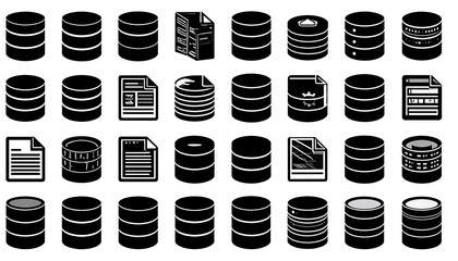 Collection of various database storage and document icons. Black and white graphic illustrating file and data concept