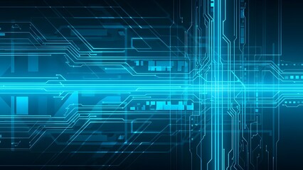 Obraz premium Abstract, high-tech background featuring glowing lines and geometric shapes resembling a digital circuit board, motherboard, or data pathways. Dominated by bright electric and cyan blue light against 
