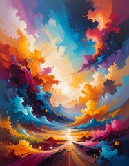 Vibrant abstract painting of colorful clouds and light