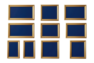 Collection of gold picture frames in various sizes and styles