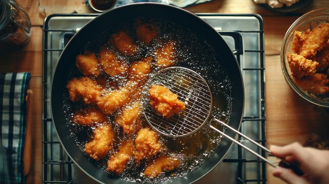 Top down view of chicken frying in hot bubbling oil. Crispy cooking process showing deep frying action, heat, texture, and delicious comfort food preparation.