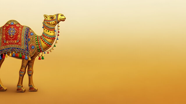 Bikaner Camel Festival, sand gold gradient, decorated camel silhouette with Rajasthani ornaments