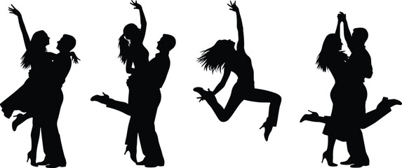 Dance silhouette poses, couple lifts, solo dancer motion, expressive choreography, performance art, graceful movement, stage energy, artistic dance reference