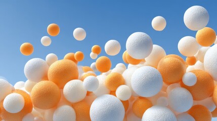Bright orange and white spheres scatter against a clear blue sky, presenting a joyful scene that evokes a sense of fun and creativity. This lively display captures attention with its vibrant colors.