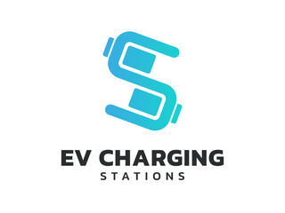 Electric vehicle with letter S Word Meaning station battery storage charging symbols logo vector design concept. EV charging logotype symbol for Electric Car, EV station, ui, infographic, application.
