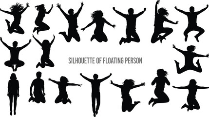 Floating person silhouettes, jumping poses, dynamic motion, expressive movement, airborne figures, dance leap art, posture reference, energy illustration, concept graphic