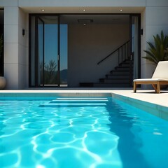 Fototapeta premium Modern swimming pool beside a luxury house with glass walls, wooden deck, and balcony. Calm water reflects sky and surroundings, creating a serene and spacious outdoor atmosphere.