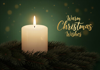 Christmas candle background with pine branches and warm holiday wishes text