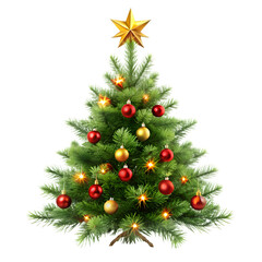 Obraz premium Festive decorated tree with shining star, red and gold ornaments isolated on transparent background