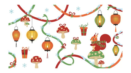 Festive Lanterns and Enchanted Forest: An artful scene featuring vibrant lanterns and mushroom, creating an atmosphere of cozy woodland charm