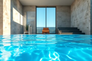 Fototapeta premium Modern swimming pool beside a luxury house with glass walls, wooden deck, and balcony. Calm water reflects sky and surroundings, creating a serene and spacious outdoor atmosphere.