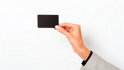 A person shows a blank card with one hand in front of a plain white background