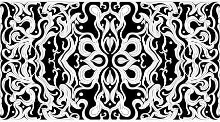 Intricate Monochrome Floral Mandala Pattern with Symmetrical Abstract Tribal Fluid Ornaments