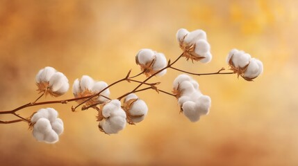 A delicate branch of cotton bolls is prominently displayed, showcasing its fluffy white texture against a warm, blurred background of autumn shades. The scene evokes a sense of natural beauty.
