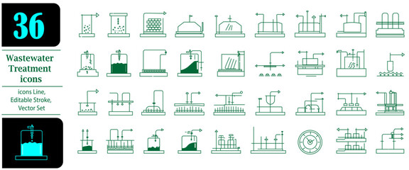 Wastewater Treatment Icons Set,  36 Industrial Water Infrastructure Vector Elements