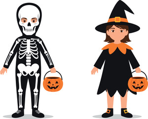 Cute Children Dressed in Halloween Costumes, One as a Skeleton and the Other as a Witch, Holding Pumpkin Baskets for Trick-or-Treating Vector Illustration.