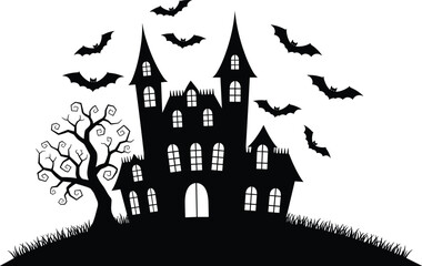 Haunted house silhouette with bats and spooky tree, Halloween night illustration, scary castle artwork, eerie horror scene graphic design