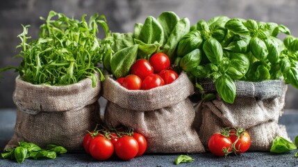 Bright red cherry tomatoes and vibrant green herbs are displayed in burlap sacks on a gray countertop. The scene captures fresh produce ideal for cooking.