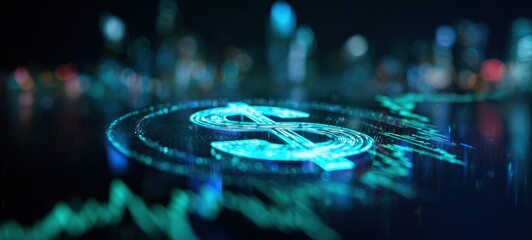 The dollar coin hologram hovering above financial chart with futuristic city skyline backdrop
