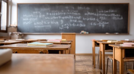Classroom setting with wooden desks and colorful notebooks, wide angle view toward chalkboard filled with mathematical equations and educational materials