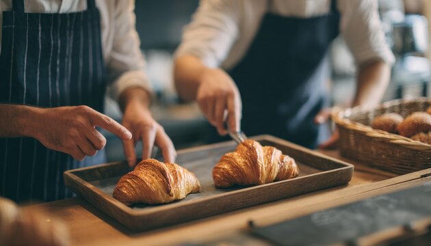 Duo of bakers arranging freshly baked pastries on a wooden tray in a cozy bakery, showcasing culinary artistry and teamwork in a warm atmosphere - Powered by Adobe