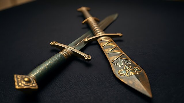 constancies. Two ancient bronze swords with complementary patina on a dark surface. event programs, museum guides, designed for cultural heritage projects and event programs.
