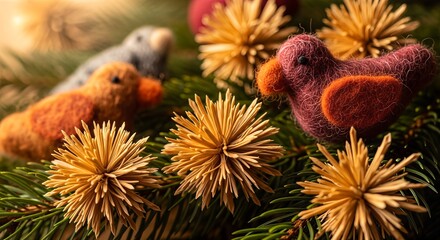 Close-up of colorful felted bird ornaments and straw stars on evergreen branches, festive holiday decoration.
