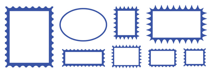 Collection of Blue Postage Stamp Frames and Oval Border on White Background