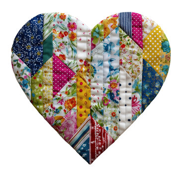 Colorful Heart Quilt: A handcrafted patchwork heart showcases a vibrant array of fabrics, blending various textures and hues into a heartwarming symbol of love and creativity.