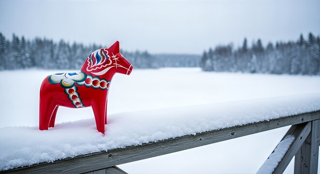 A red Dala horse figurine stands on a snow-covered wooden railing overlooking a vast winter landscape with a frozen lake and distant forest.