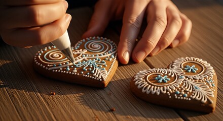 Person's hands meticulously decorating heart-shaped gingerbread cookies with intricate white icing patterns on a wooden table.