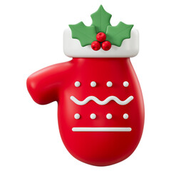 Red 3D christmas mitten decorated with holly mistletoe. Minimal winter glove for cold weather protection, festive holiday clothing symbol, warm knitted wool hand warmer.