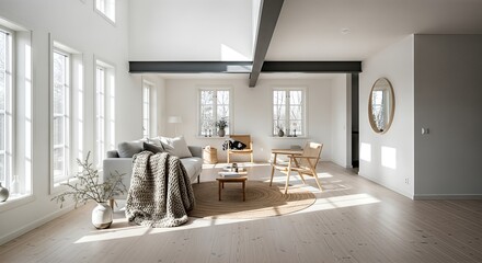 Bright and airy modern living room with large windows, light wood floors, and minimalist Scandinavian decor.