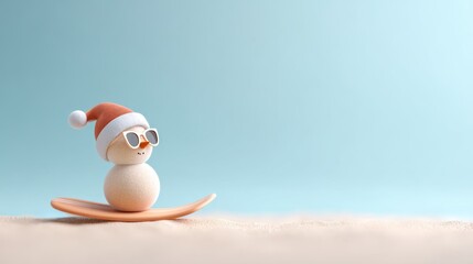 Single sand snowman wearing a Santa hat and sunglasses, playfully balancing on a surfboard against a soft blue background with copy space