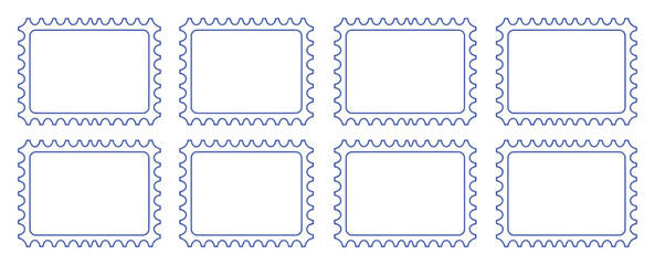 Collection of eight blank blue postage stamp outlines on a white background