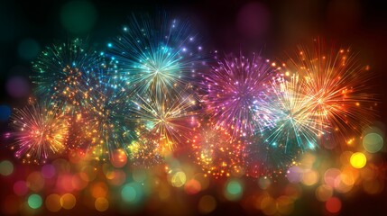 Fototapeta premium Colorful fireworks explosions on blue night sky festive holiday background with sparkling lights and copy space for New Year celebration banner and party greeting design