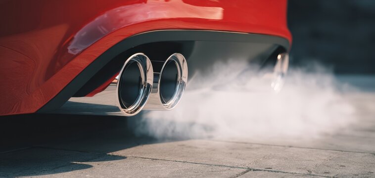 Fototapeta The car exhaust emitting thick white smoke from a red sports vehicle on pavement