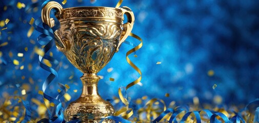 The Trophy Cup Surrounded by Blue and Gold Ribbons and Festive Confetti