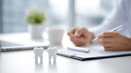 Dental professional is reviewing patient notes with dental models on a clean desk, showcasing oral health and care in a modern office environment