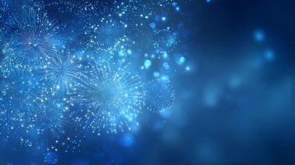 Colorful fireworks on deep blue night sky with glowing stars and bokeh lights festive holiday celebration background with copy space for greeting cards invitations and party banner text