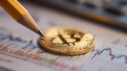 A shiny gold bitcoin coin is positioned next to a sharpened pencil on a financial chart displaying various market trends and price movements. This scene captures the essence of cryptocurrency trading.